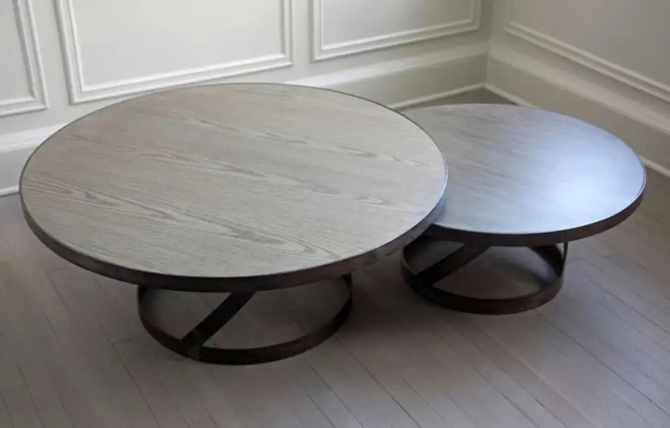 Oak Coffee Table with Spiral Blackened Steel Base Table - 