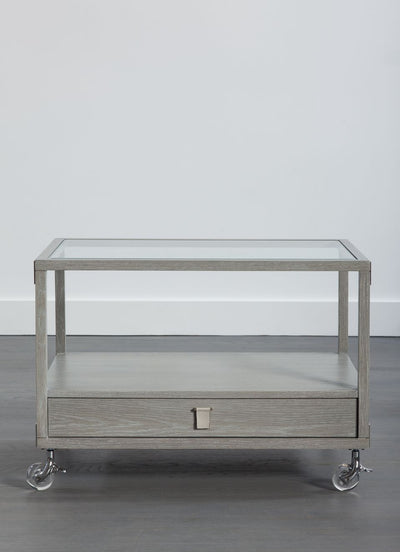 Oak & Glass Side Table on Lucite Wheels Storage - Mar Silver