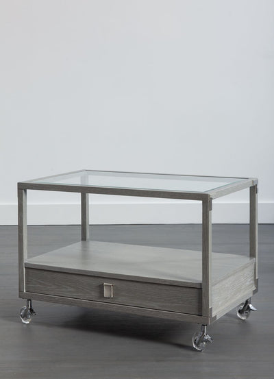 Oak & Glass Side Table on Lucite Wheels Storage - Mar Silver