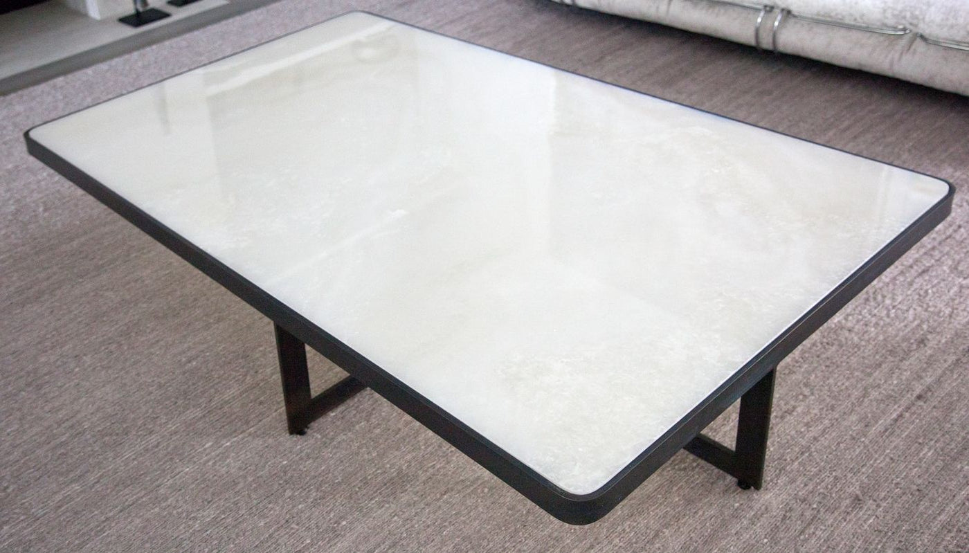 White Quartzite Coffee Table with Blackened Steel Cross Base