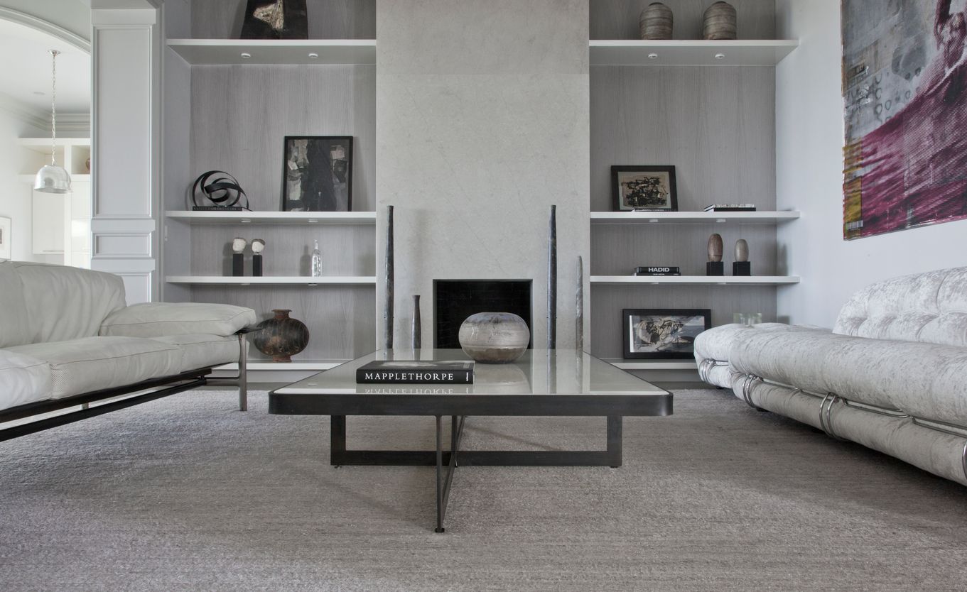 White Quartzite Coffee Table with Blackened Steel Cross Base