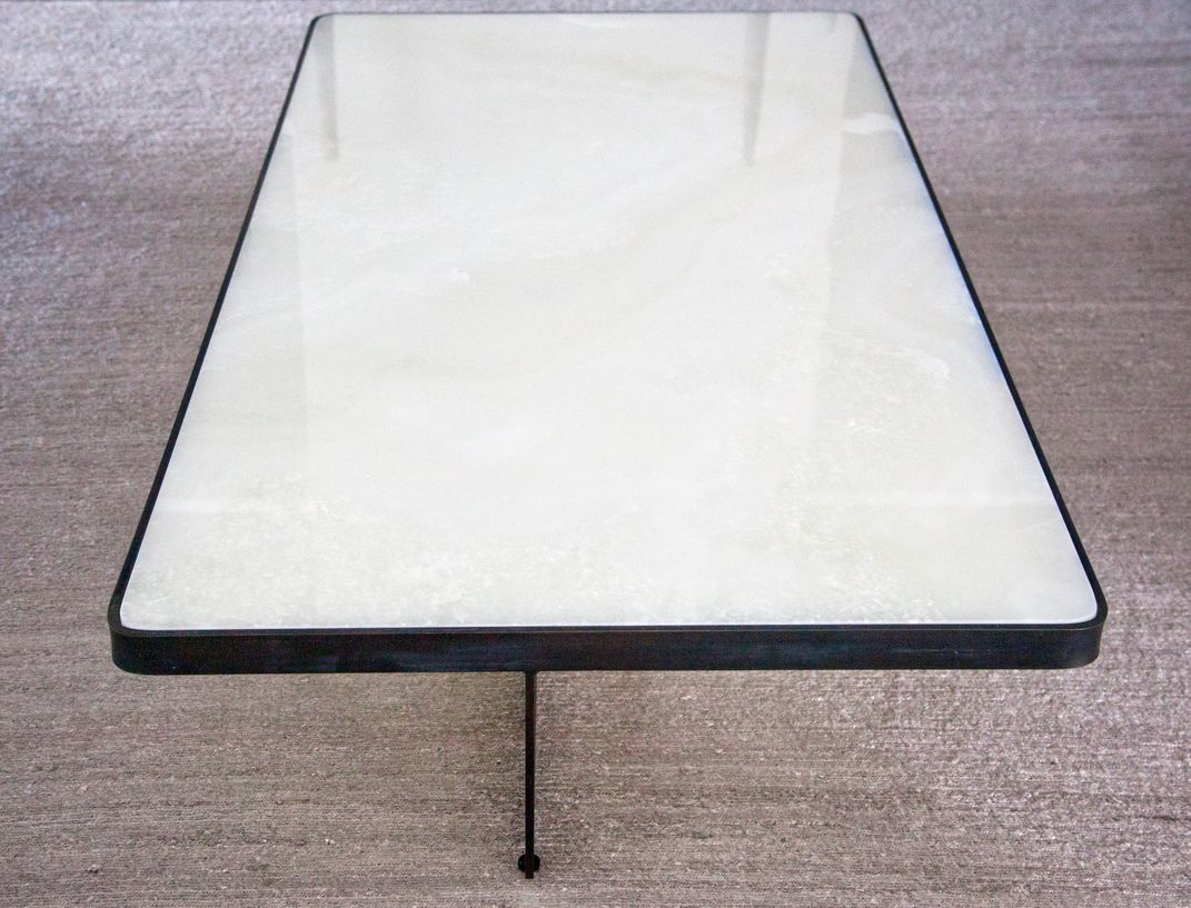 White Quartzite Coffee Table with Blackened Steel Cross Base